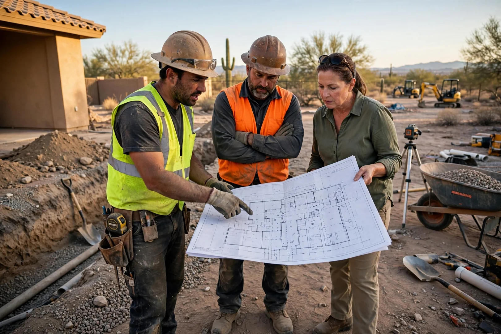 Excavation crew reviewing written estimate and site plan with homeowner in Buckeye