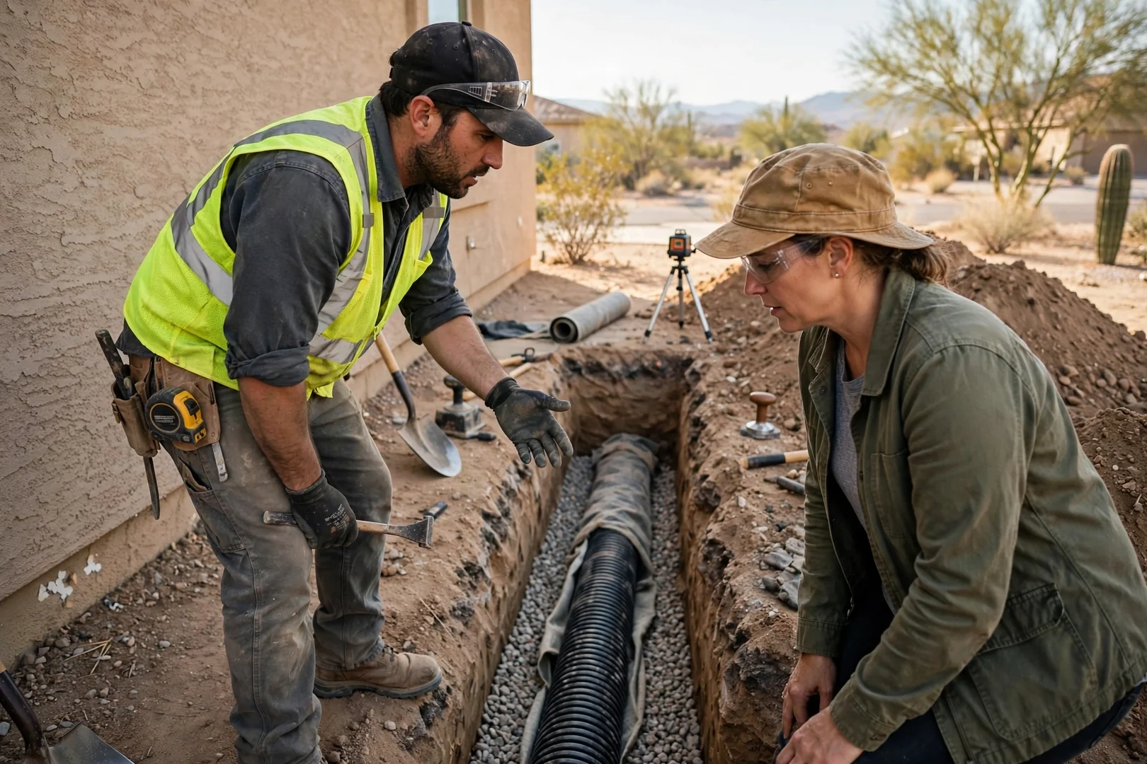 Excavation contractor reviewing site grading plans with a homeowner beside a compact track loader