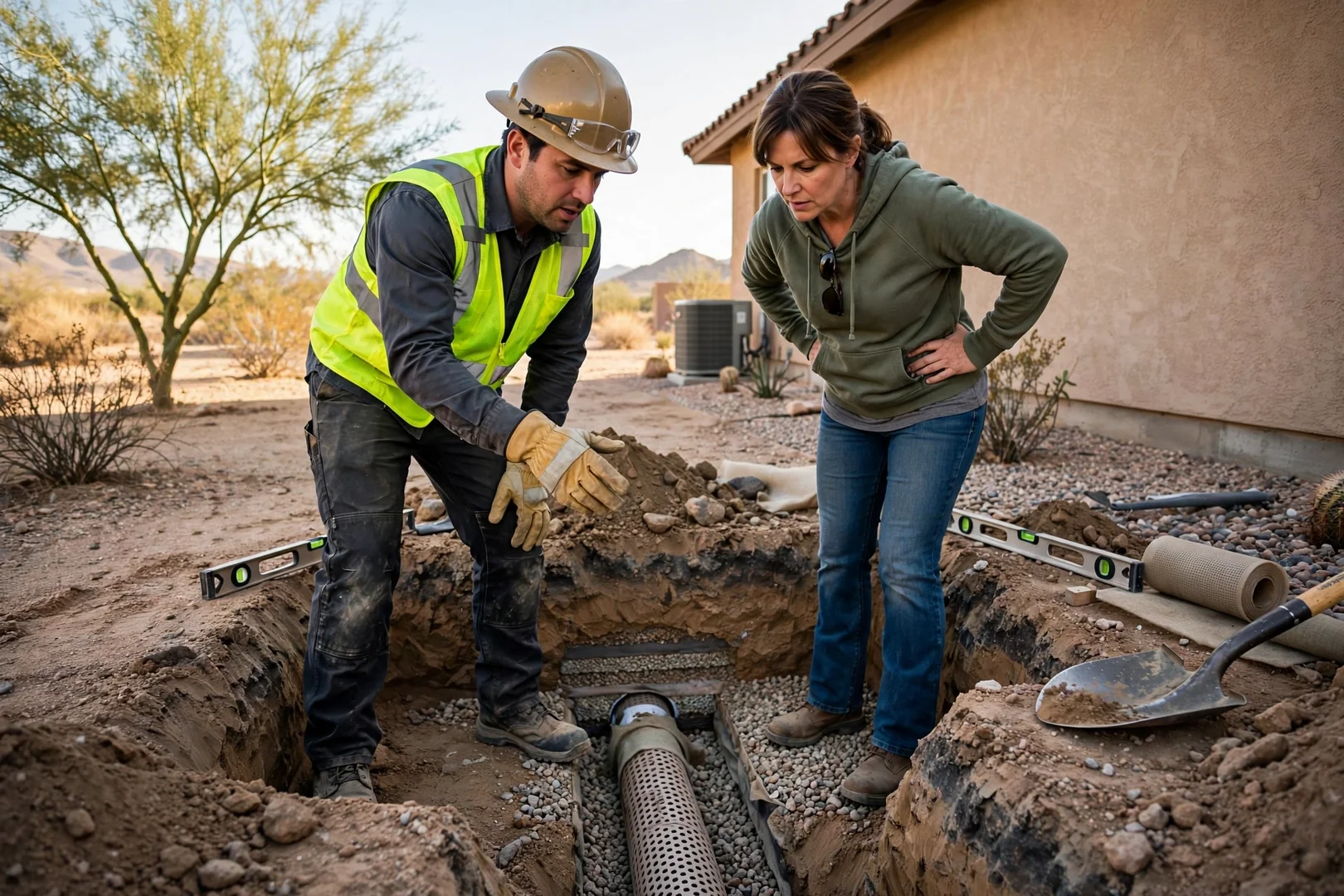Excavator shaping compacted soil on a residential building pad in Buckeye Arizona
