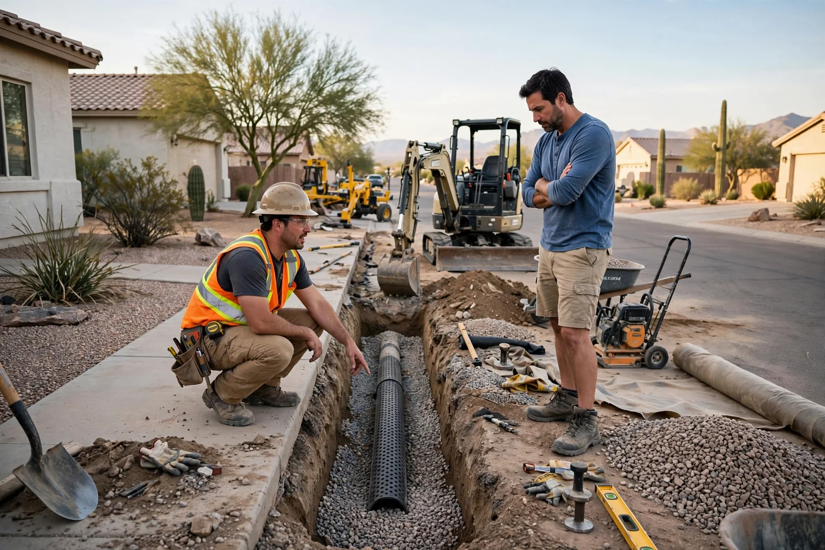Compact excavator cutting a utility trench in a West Valley residential neighborhood