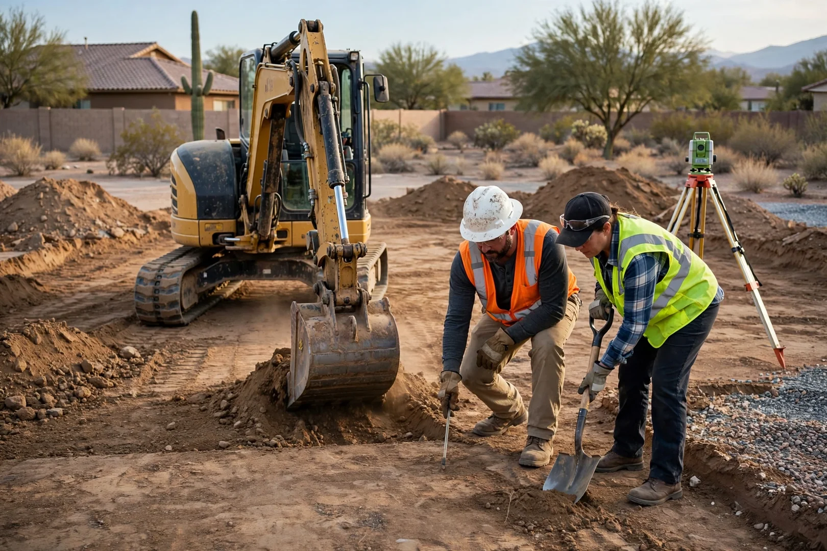 Excavator cutting a level building pad on a residential Buckeye lot