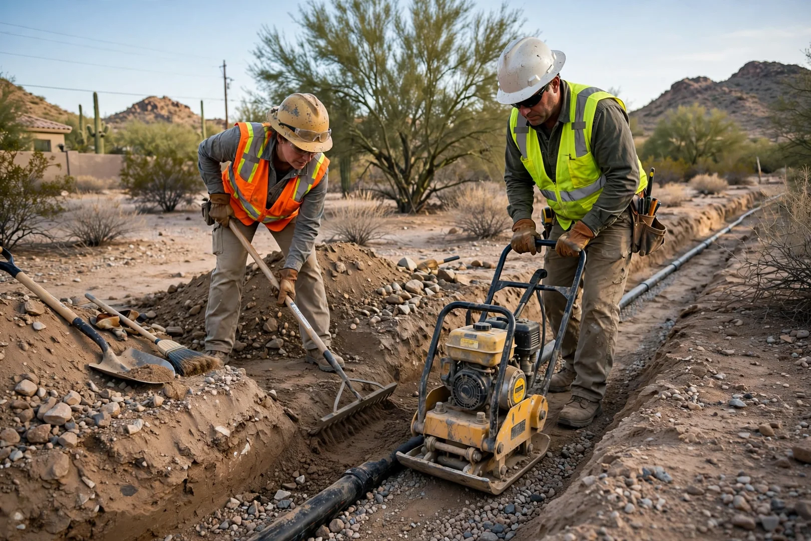 Crew grading and compacting trench backfill along a desert property utility line
