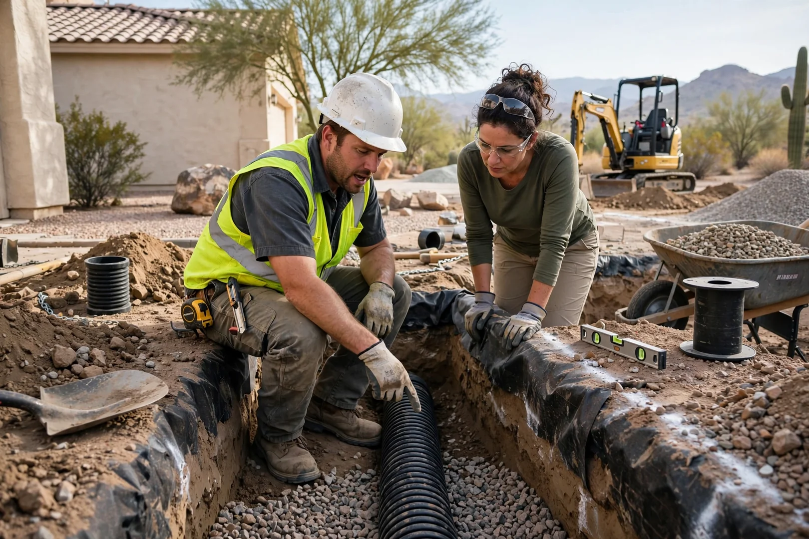 Excavator cutting a squared foundation pad with benched walls on a desert lot