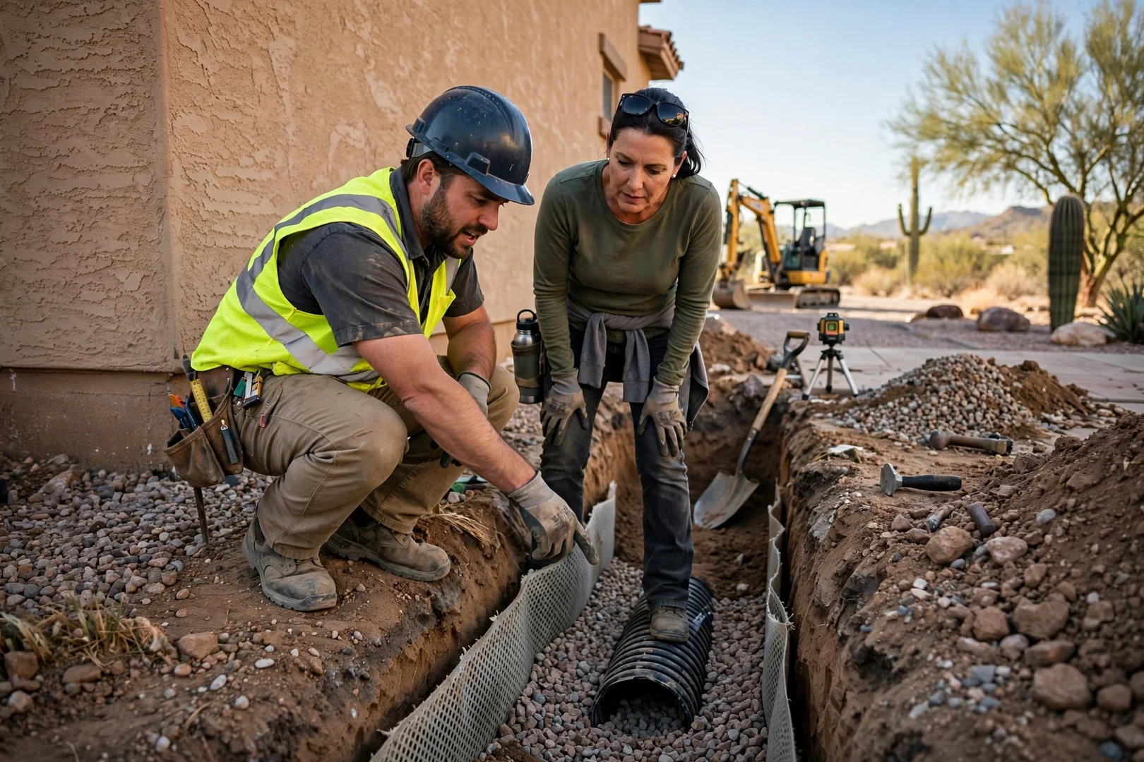 Excavator digging footing trenches for a new home foundation in Buckeye