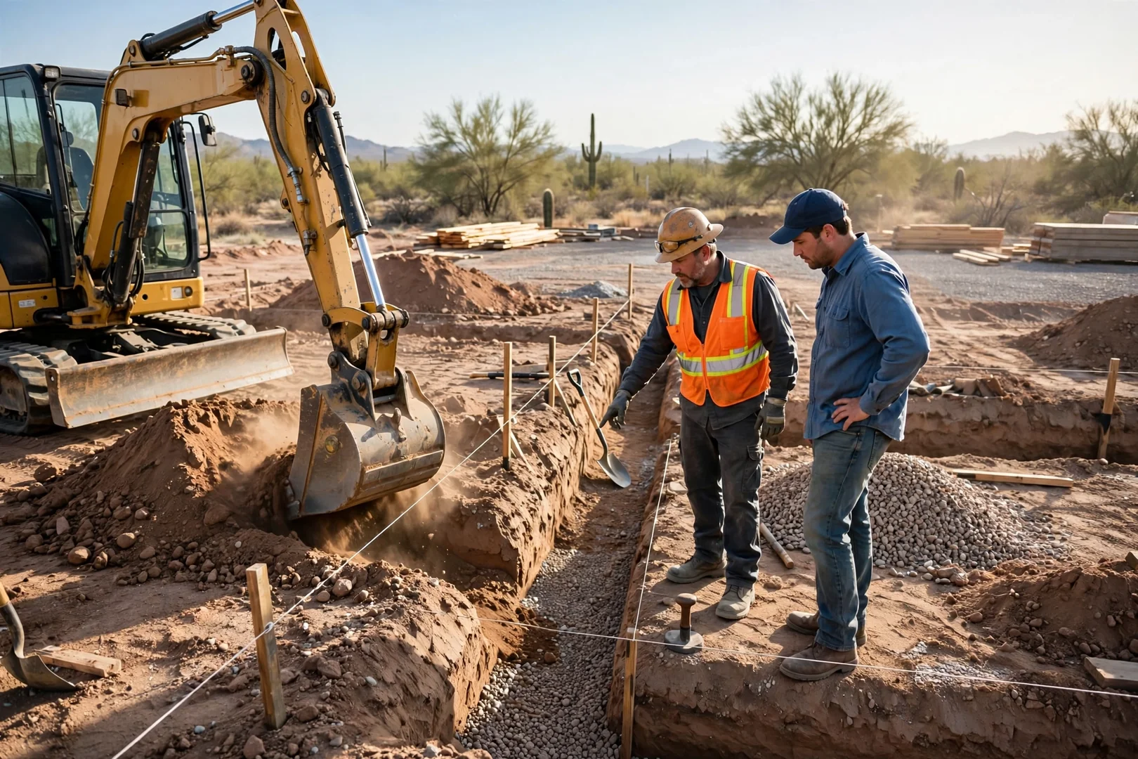 Excavator digging footing trenches along staked layout lines for a new foundation