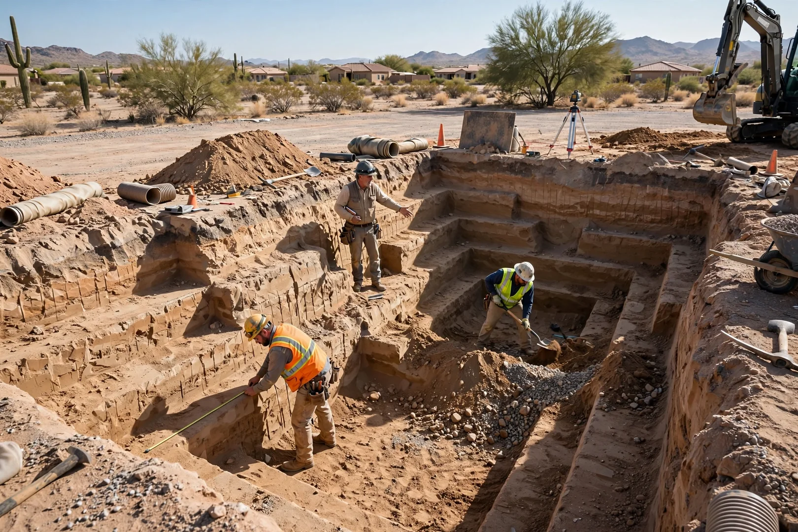 Wide view of a basement excavation with benched sidewalls on a desert lot