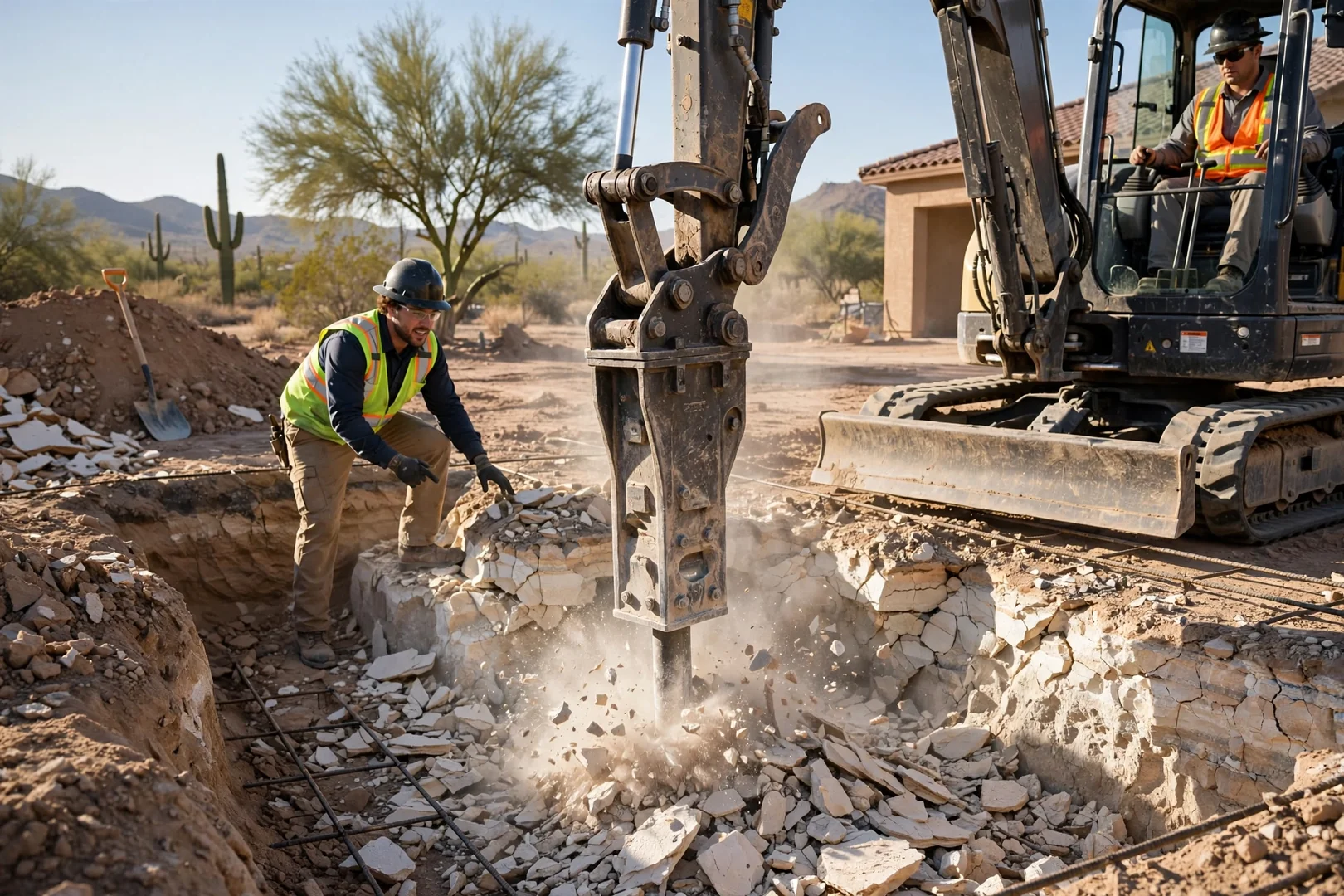 Hydraulic breaker attachment removing caliche layer during residential foundation excavation