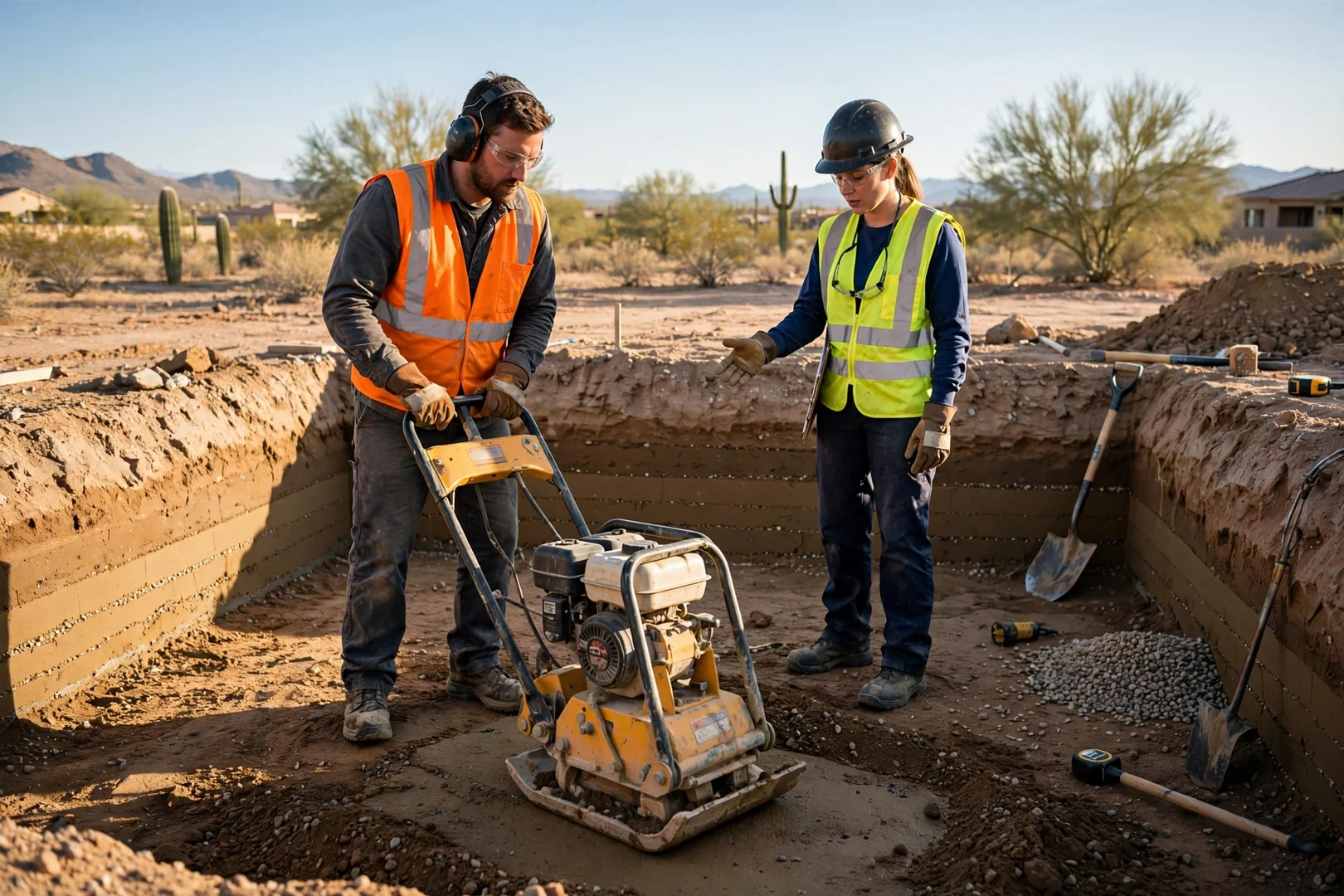 Plate compactor working engineered fill in lifts inside a prepared foundation pad
