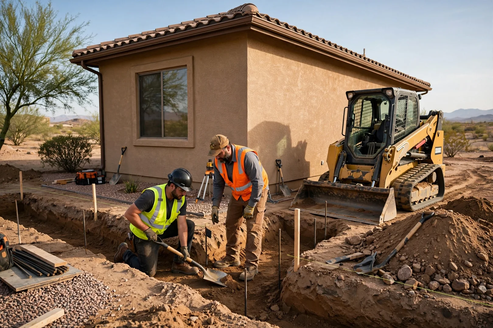 Compact track loader excavating addition footings beside an existing Buckeye home