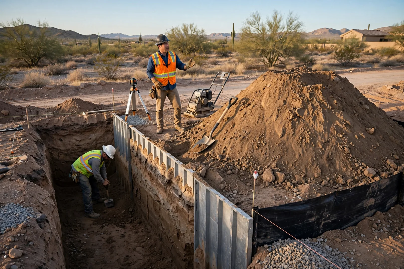 Stockpiled soil staged for reuse as backfill next to an open excavation
