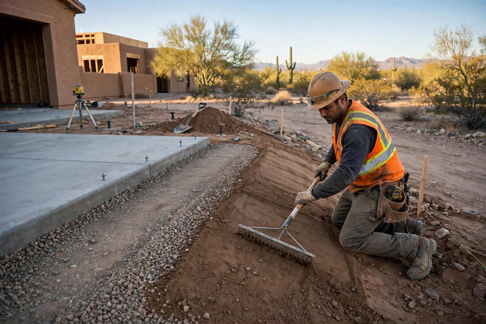 Finished foundation pad with perimeter grading sloped away from the building