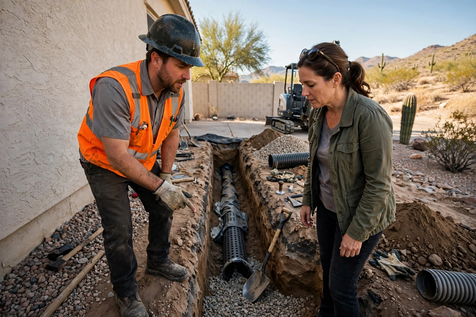 Vacuum truck crew performing hydro excavation beside a Buckeye residential yard