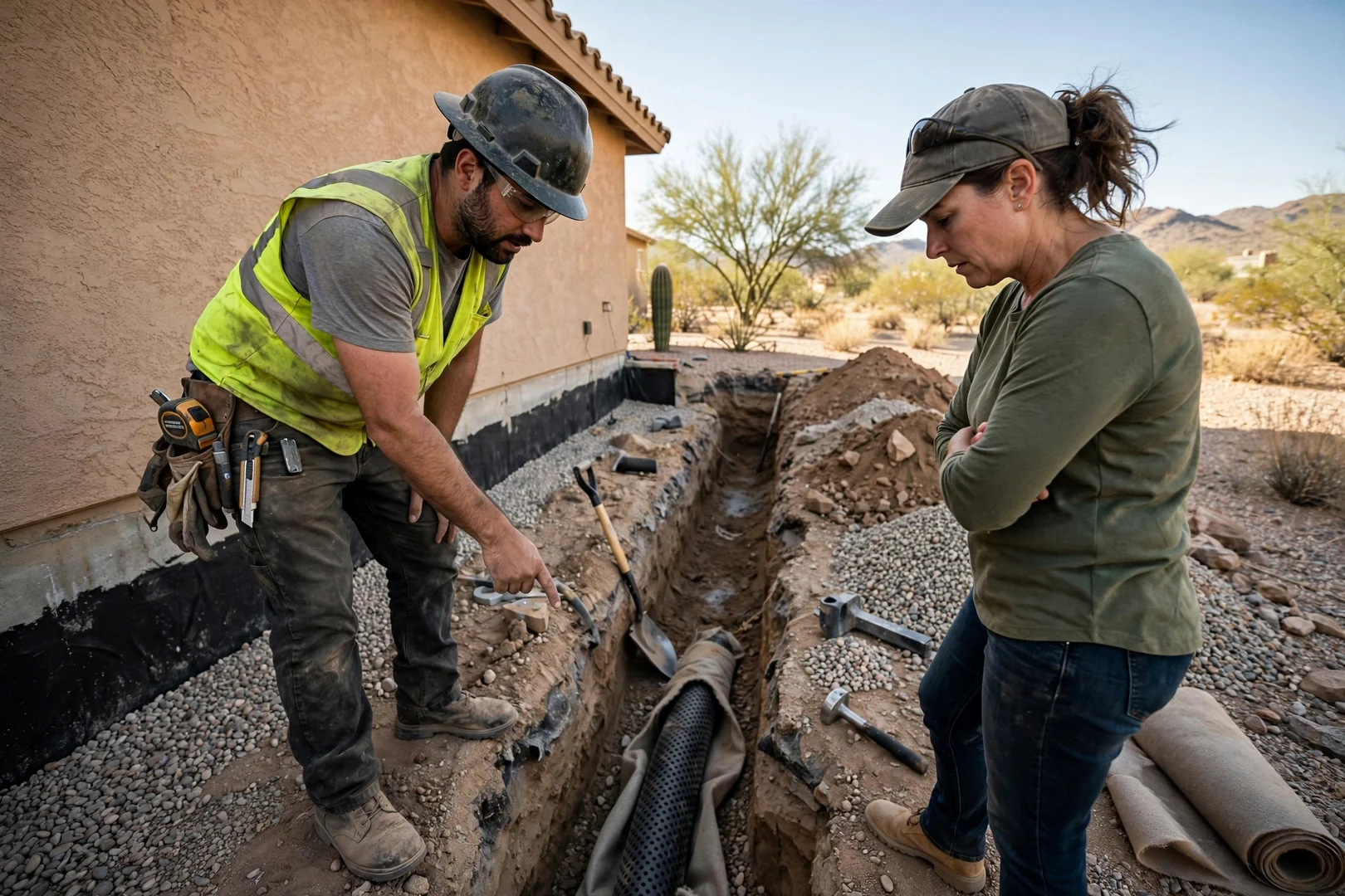 Exposed water line uncovered by pressurized water and vacuum recovery in compacted desert soil
