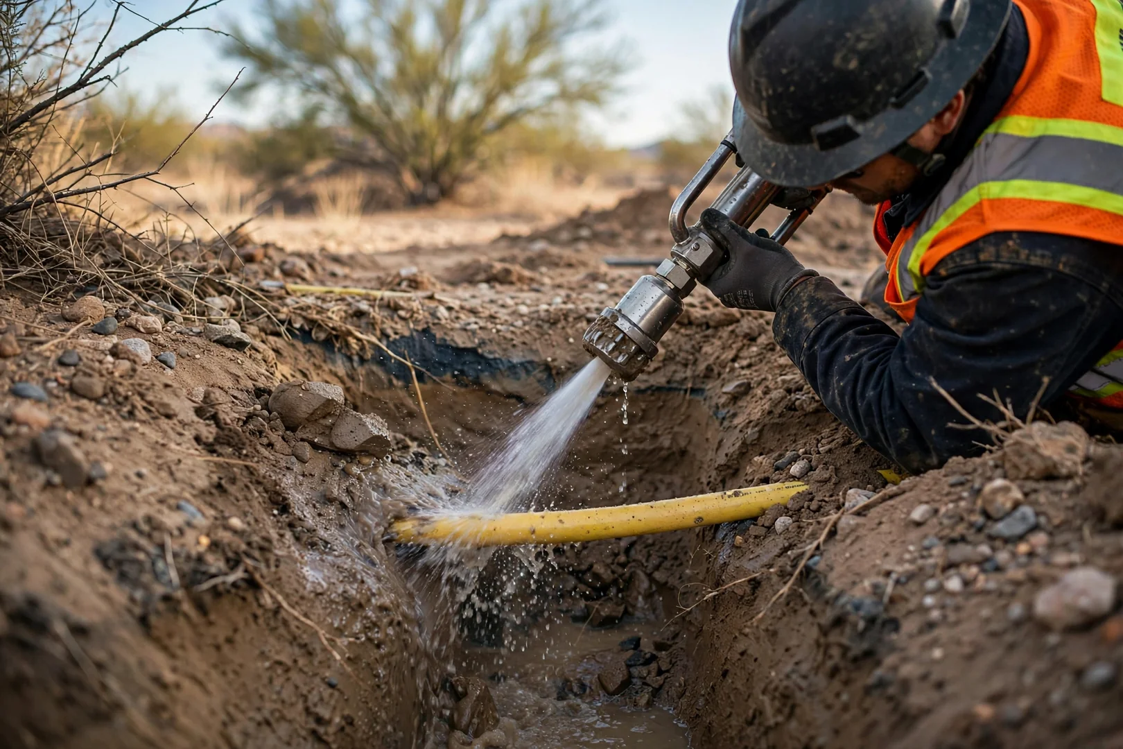 Close-up of a water lance exposing a buried gas line during precision hydro excavation