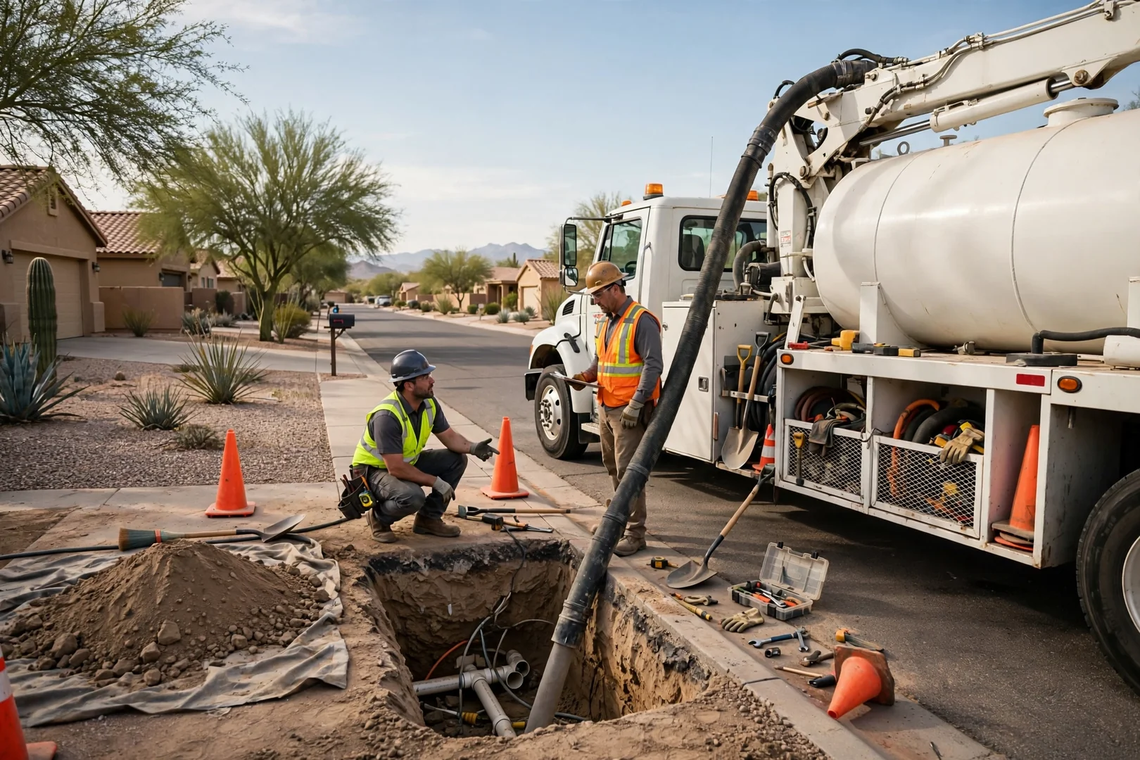Wide shot of a vacuum excavation truck staged on a residential Buckeye street