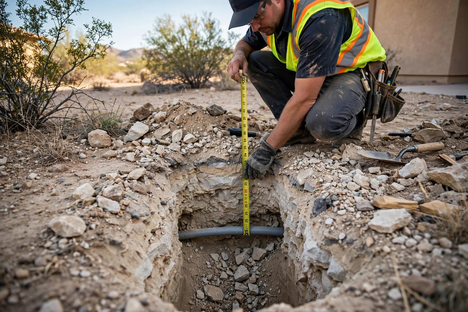 Narrow utility pothole revealing intact conduit in caliche soil at measured depth