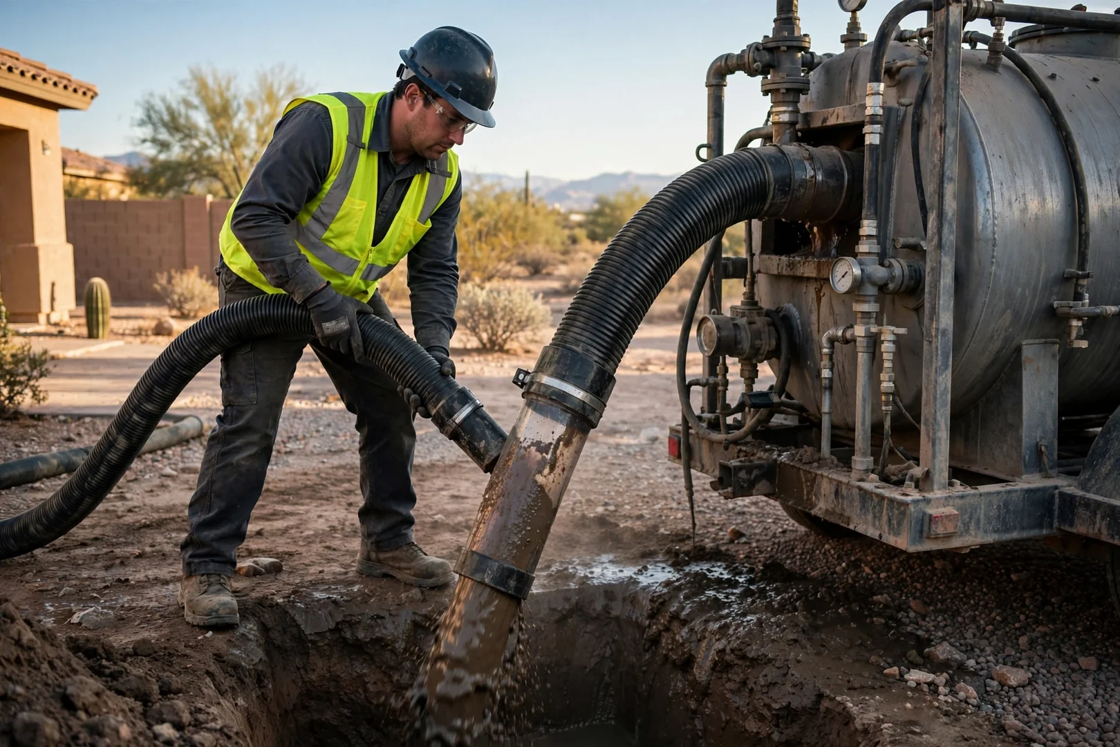 Operator guiding vacuum hose as soil slurry lifts into a sealed debris tank