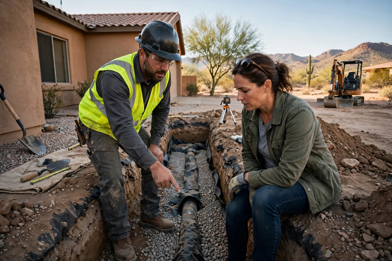 Motor grader shaping a residential building pad on a desert lot in Buckeye