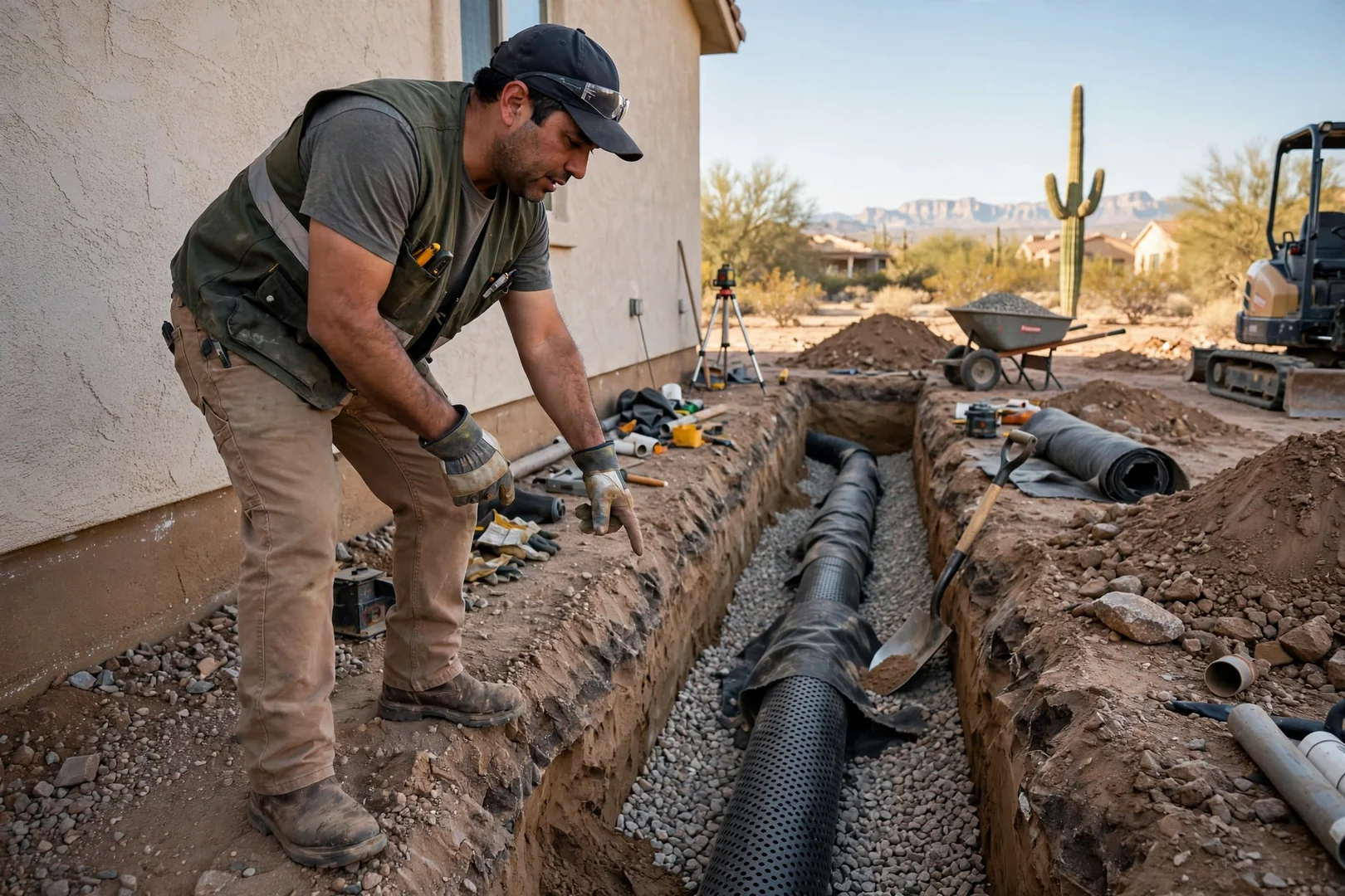 Graded residential building pad with drainage slope shaped on a Buckeye desert lot