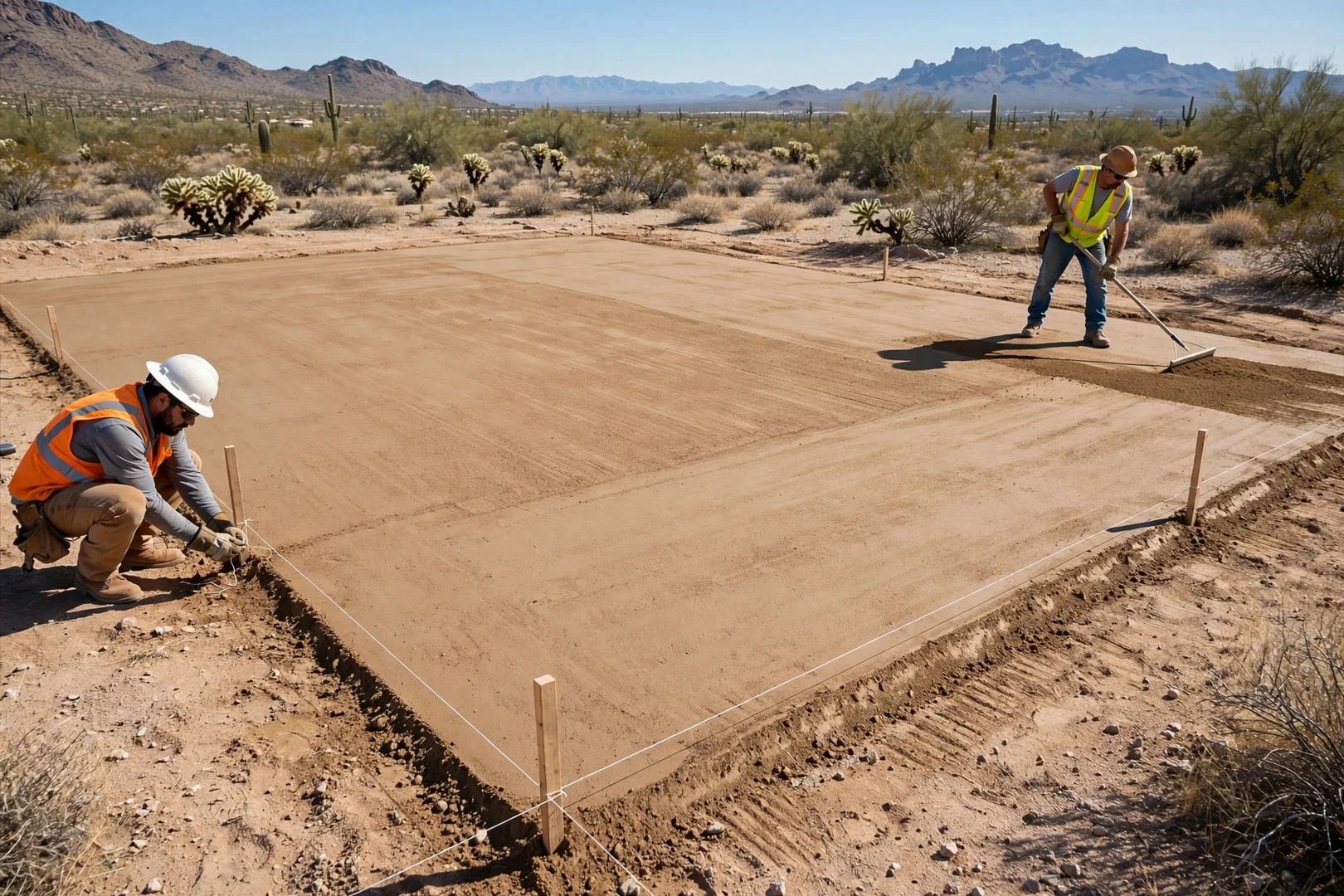 Wide shot of finished building pad graded to slope on a Buckeye lot