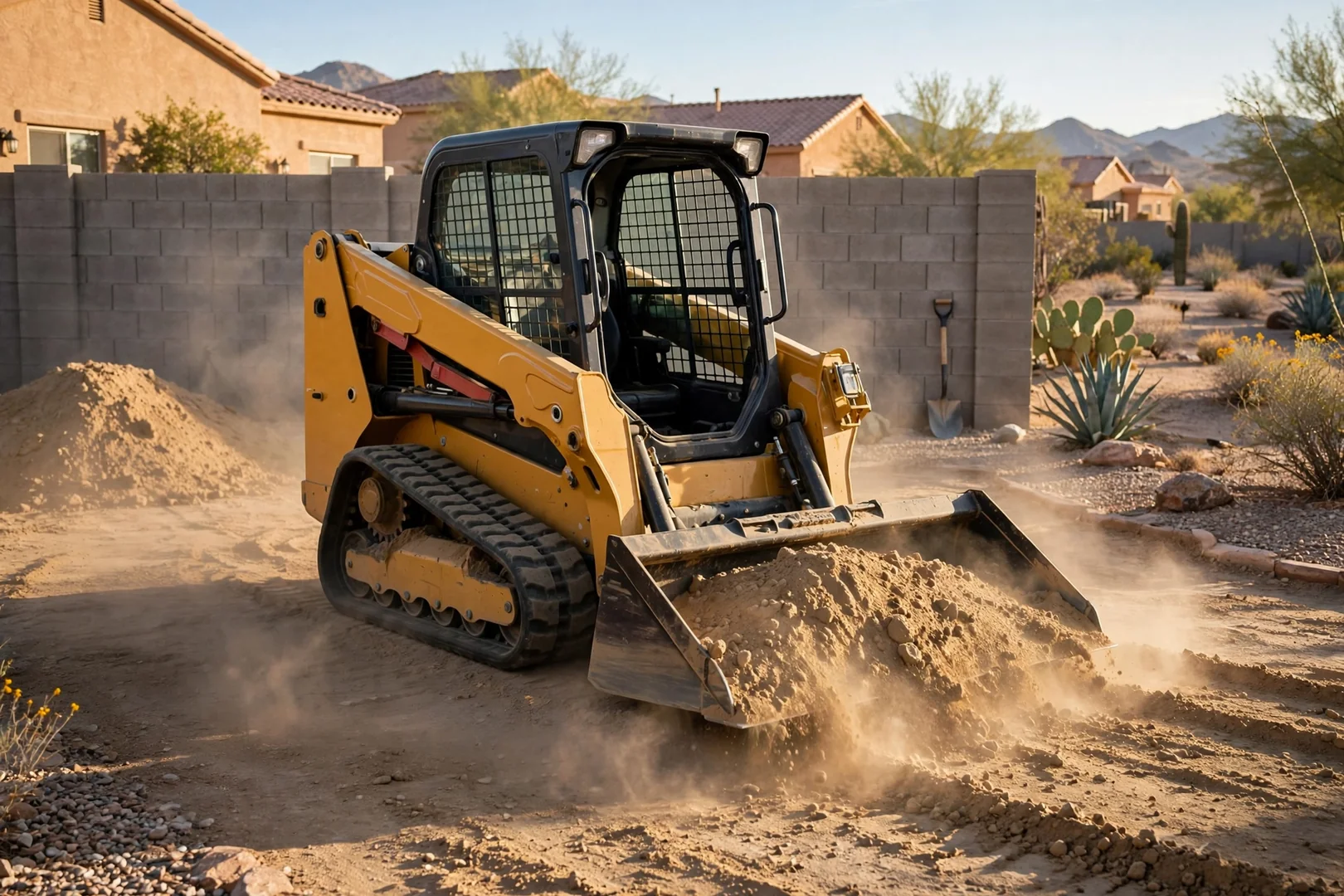 Skid steer spreading fill dirt in measured lifts during backyard regrade
