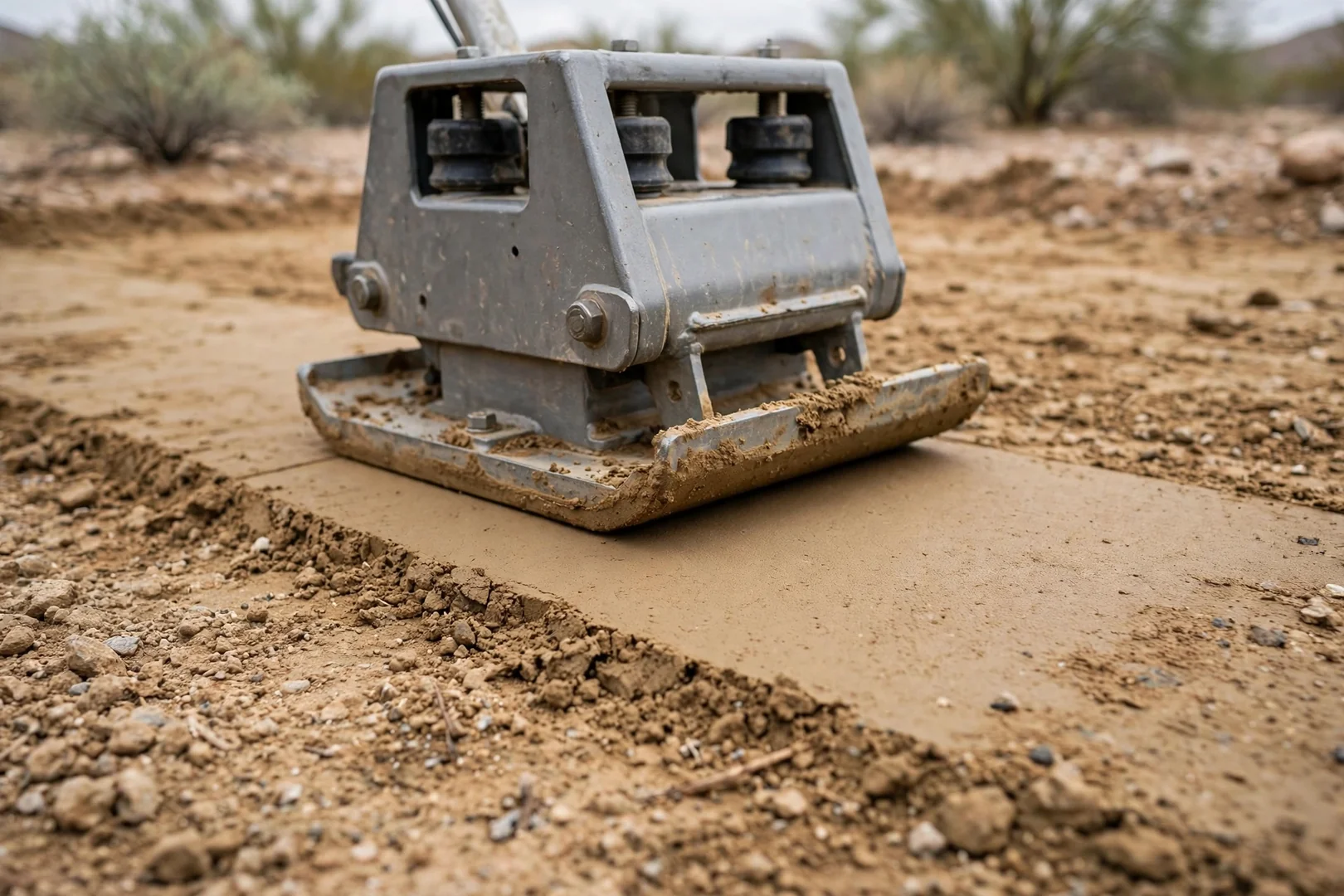 Close-up of plate compactor consolidating moisture conditioned soil lift