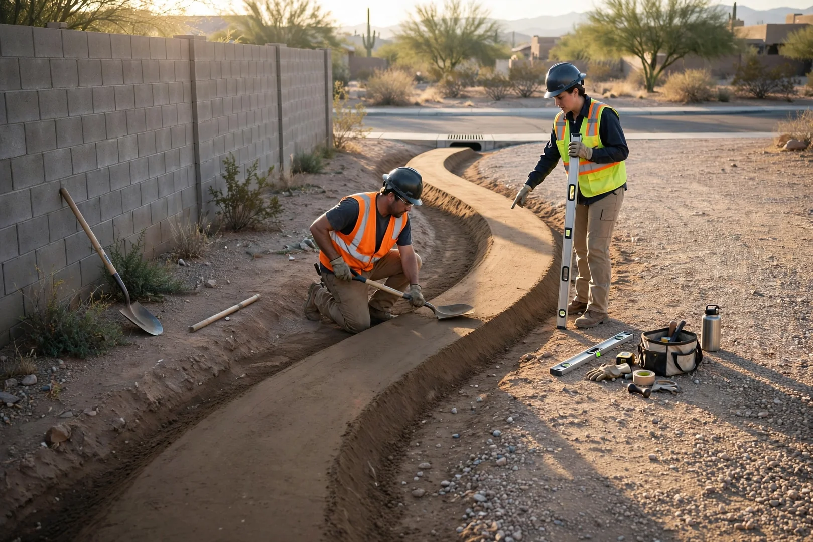Newly cut drainage swale directing runoff away from a Buckeye home