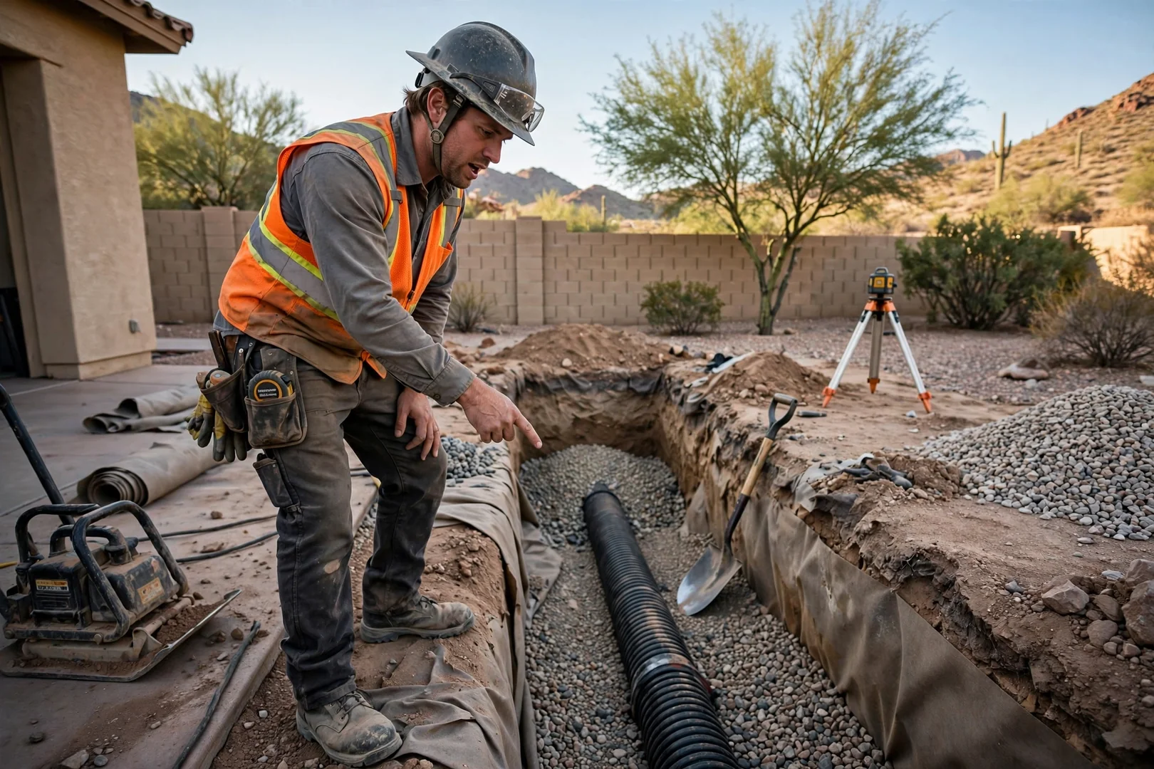 Open utility trench with marked line flags beside a Buckeye home awaiting pipe installation
