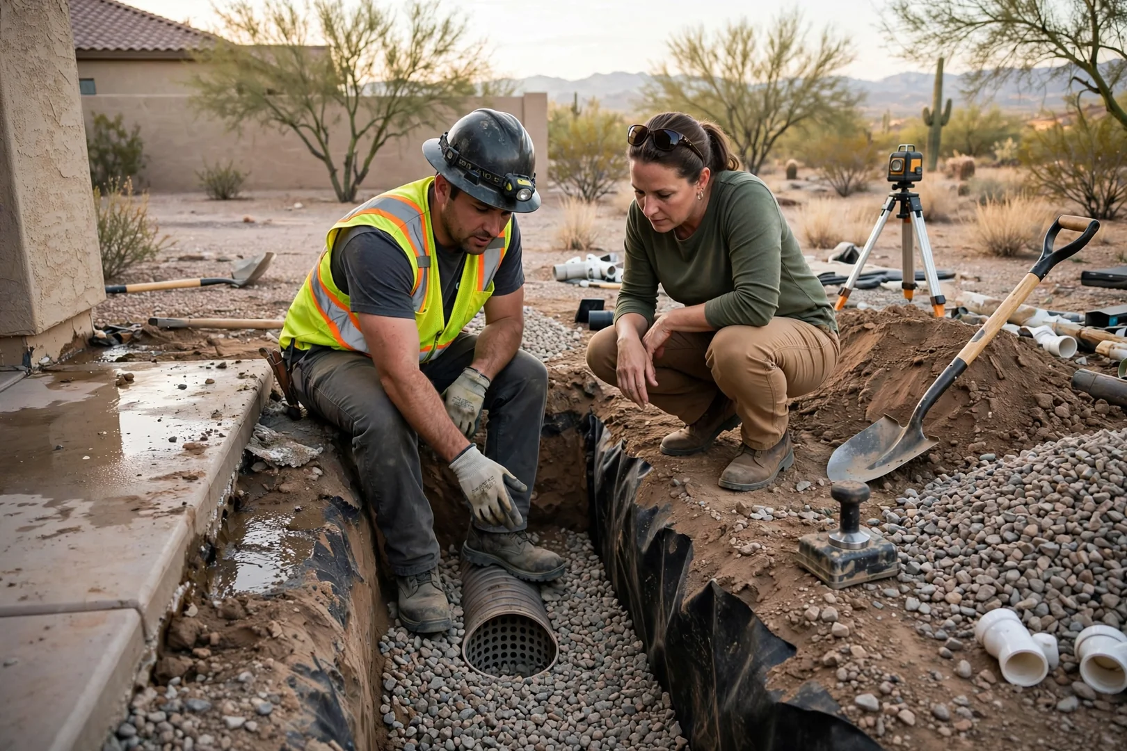 Excavation crew reviewing trench route markings on a residential Buckeye property at sunrise
