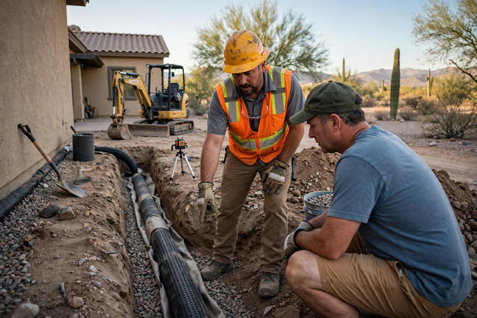 Excavator cutting a utility trench across a desert residential lot in Buckeye