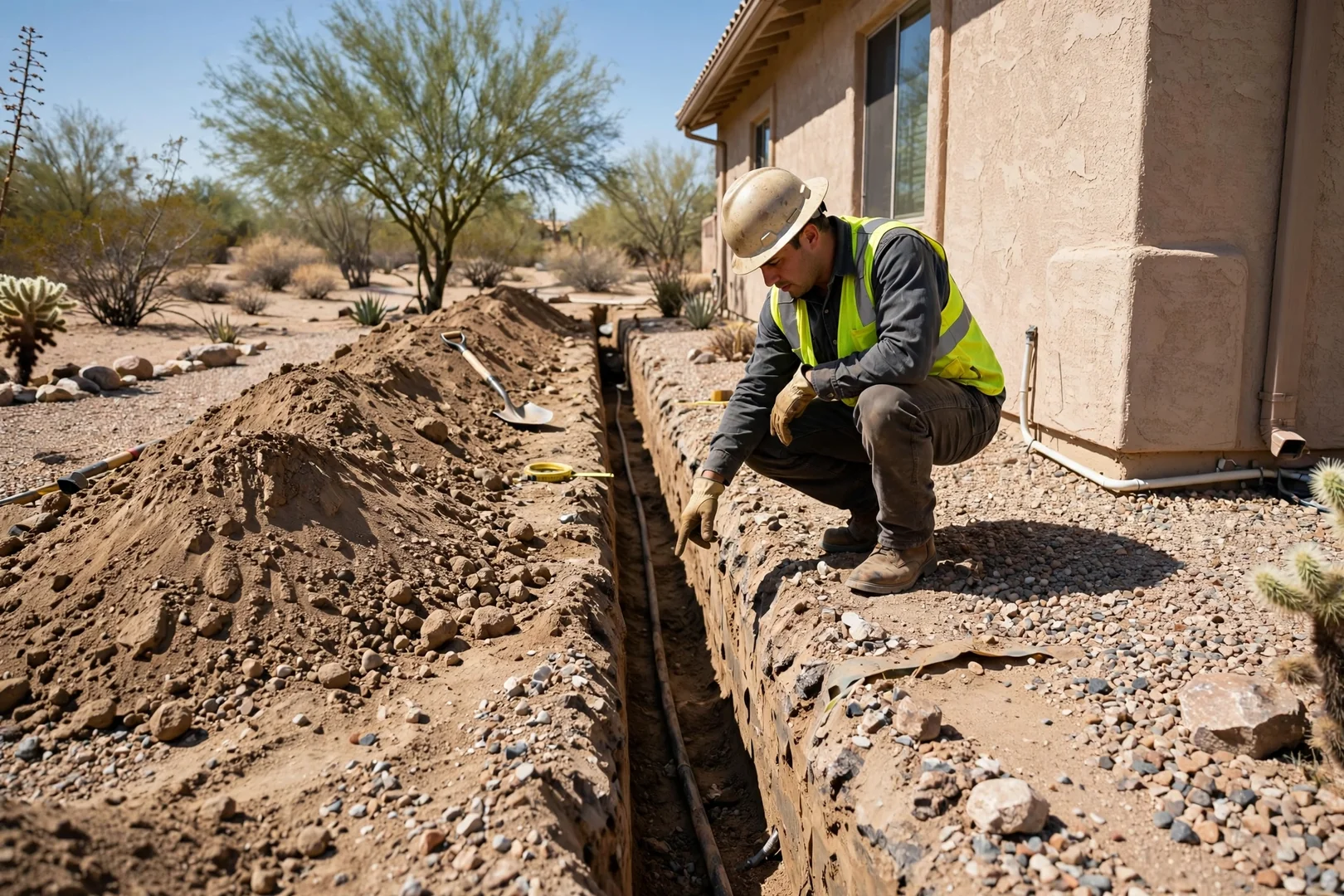 Narrow utility trench running along a desert landscaped side yard toward a home