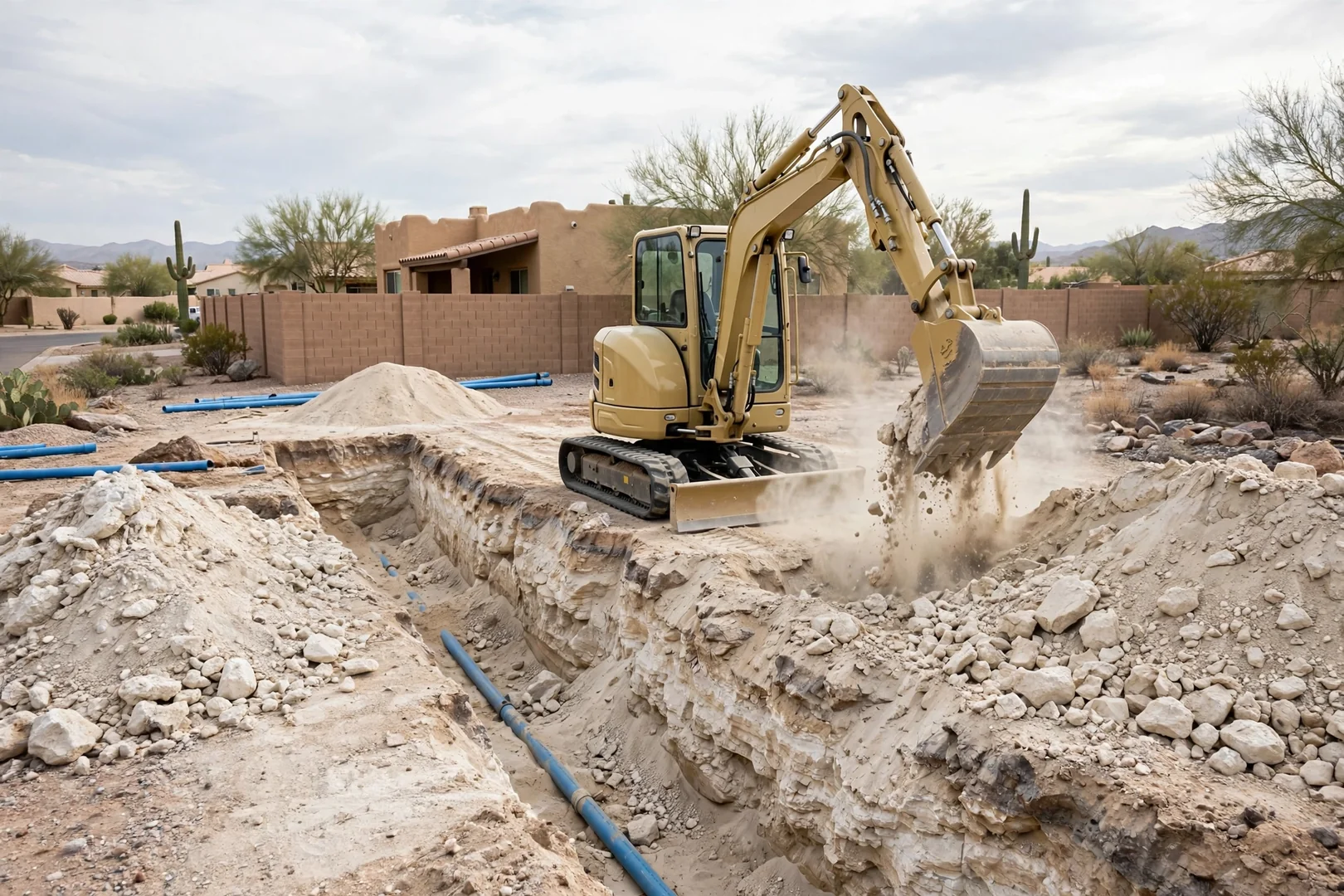 Compact excavator cutting a water service trench through hard caliche soil