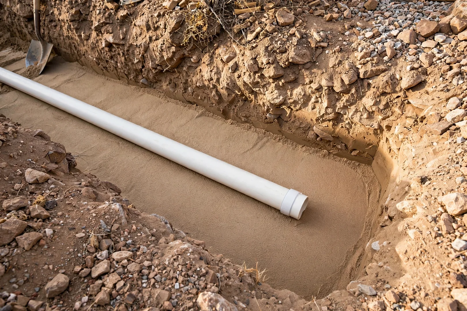Close-up of sand bedding placed beneath new PVC pipe inside an open trench