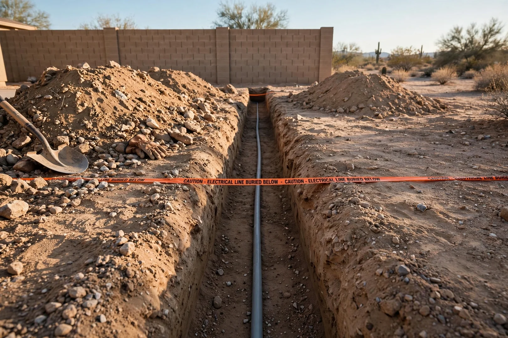 Electrical conduit laid in a trench with marking tape before backfill