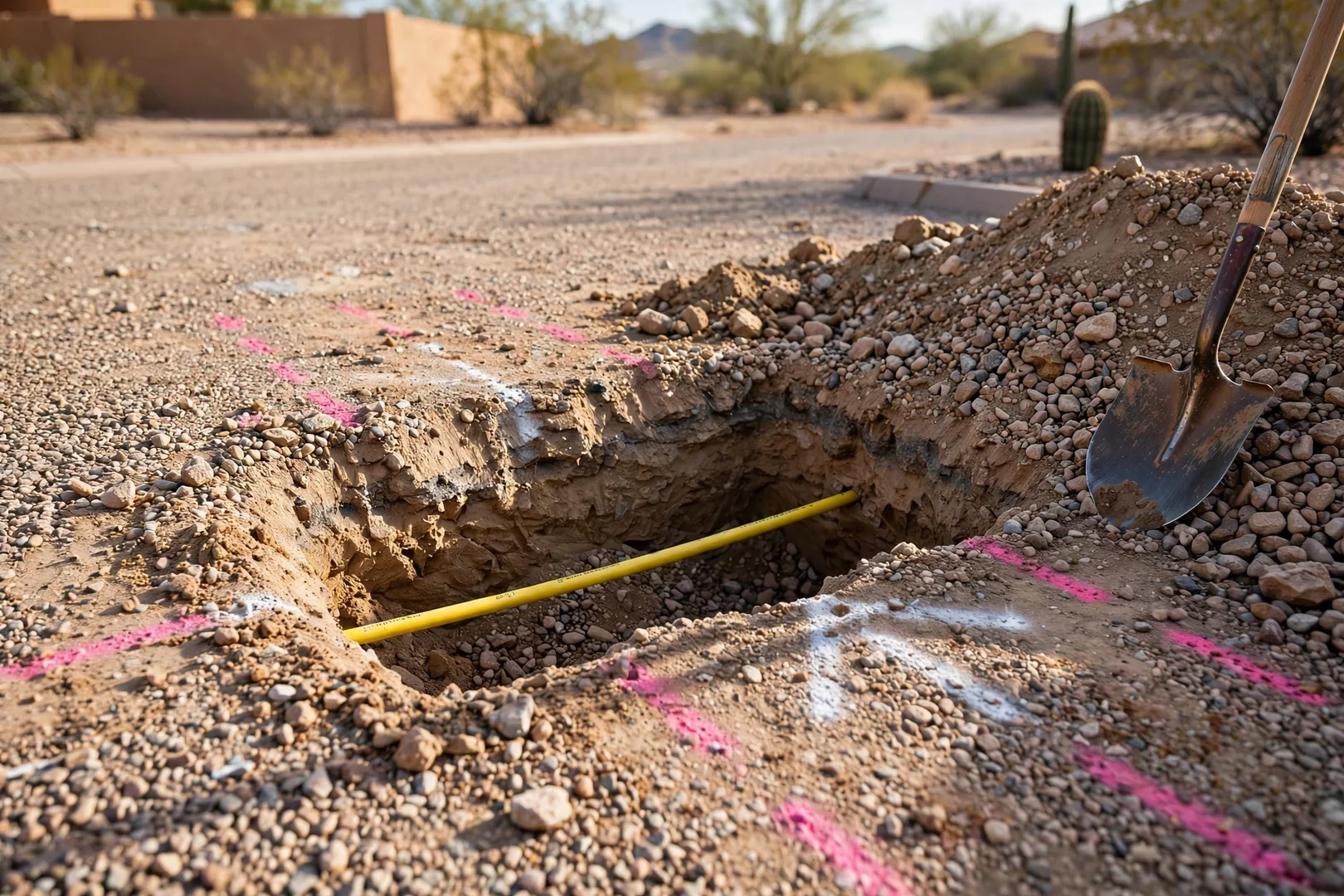 Hand digging around marked gas line to expose utility without damage
