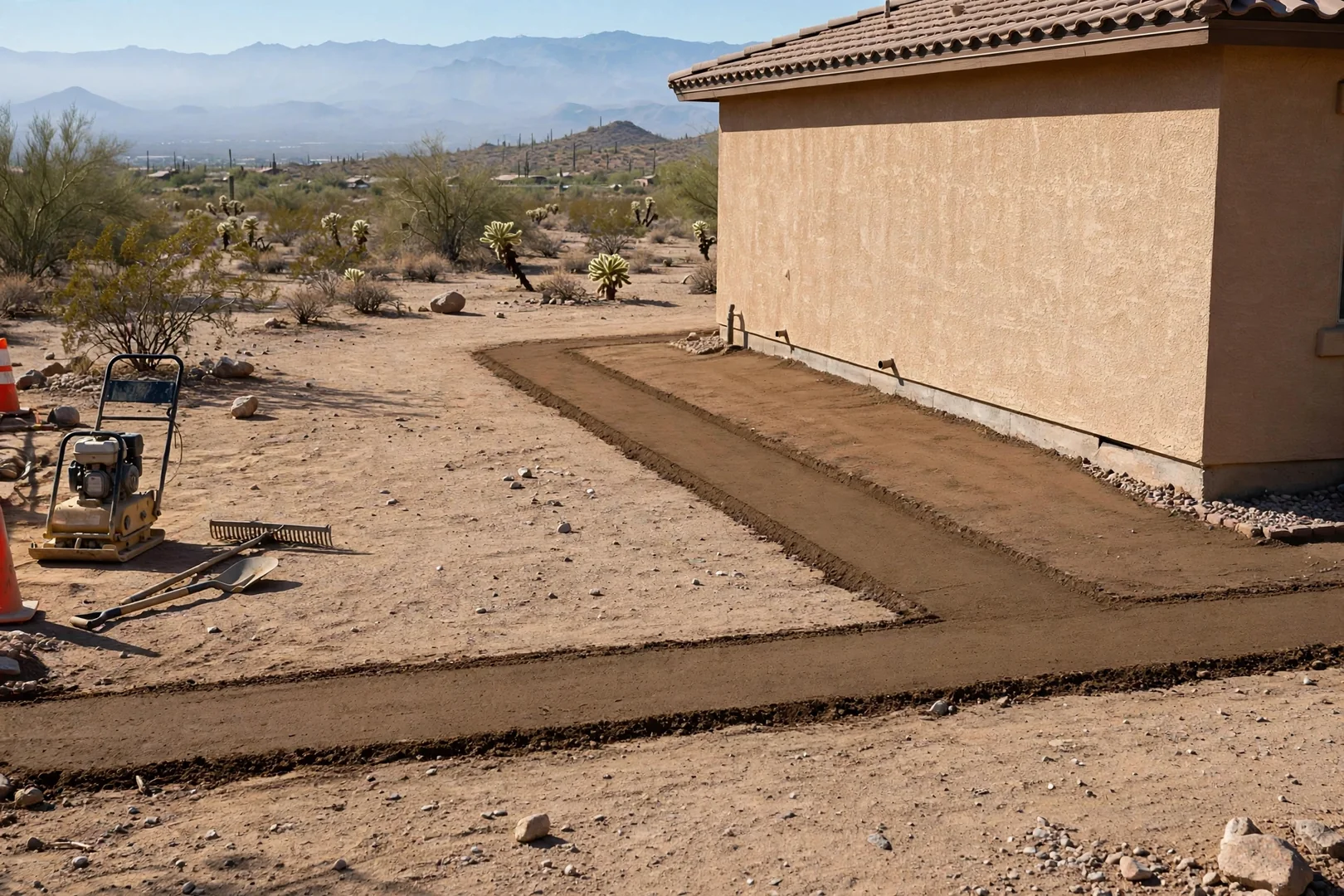 Backfilled trench compacted in lifts across a graded residential yard