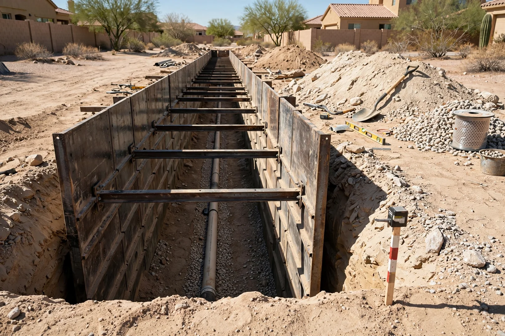 Deep sewer trench with shoring and consistent grade across a long route